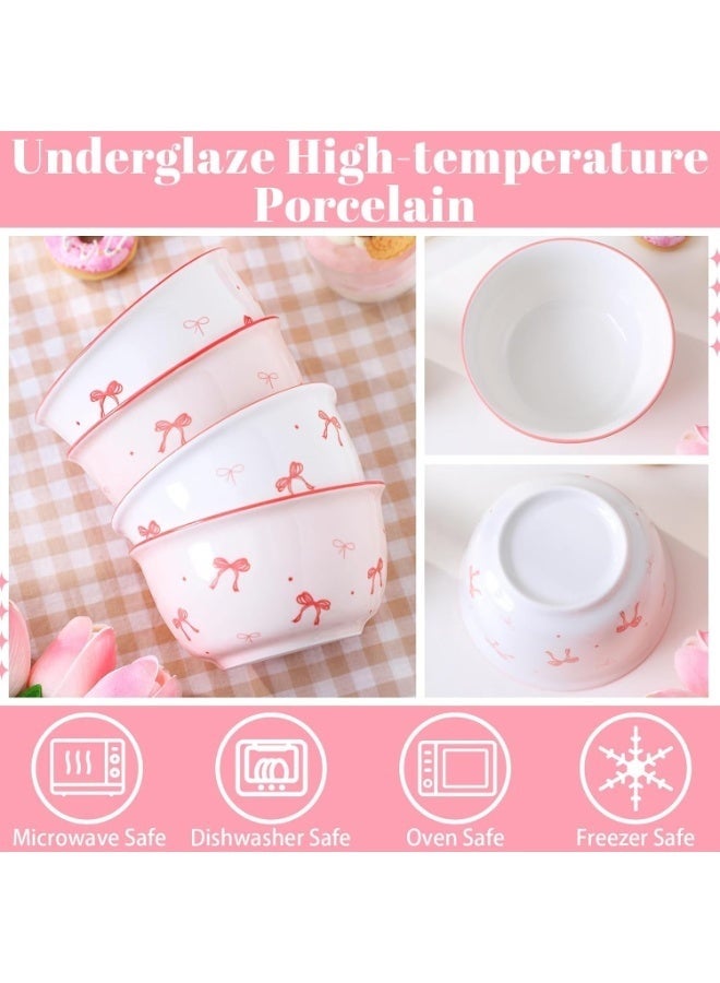 Elegant Small Porcelain Bowls Set of 4 – Feminine Coquette Style with Pink Bow Patterns and Tiny Dots, Stable Wide Base, Glossy Finish, Perfect for Dining, Snacks, Breakfast, Office or Gift - Image 2